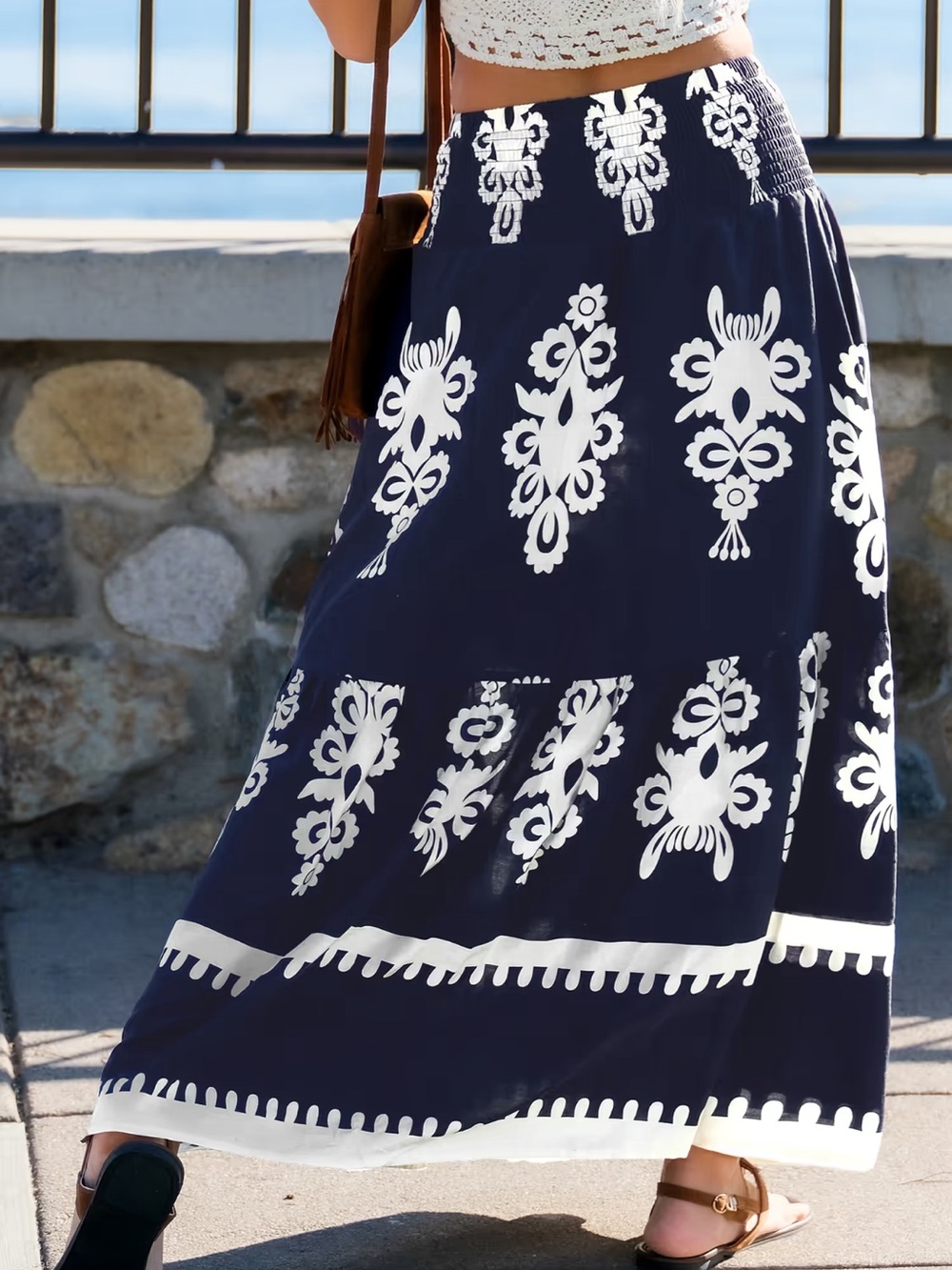 Cupshe Boho Navy and White Maxi Skirt with Tassel Tie - Picture 3 of 6